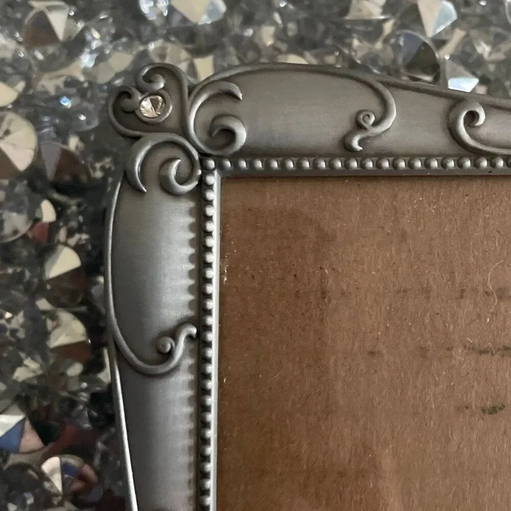 Burnes of Boston picture frame standing silver diamond rhinestone scroll pewter